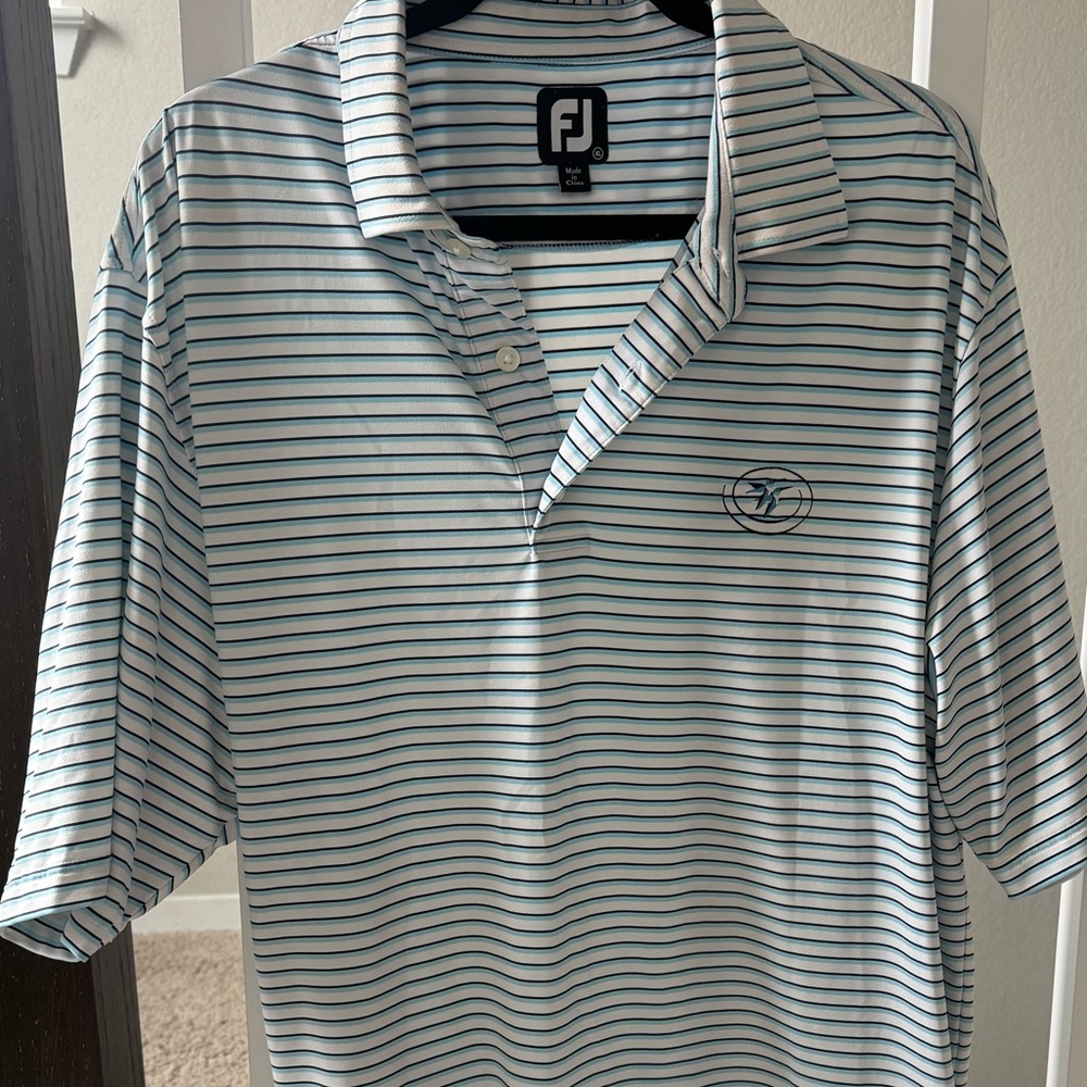 FootJoy Men's Polo Shirt - Blue and White Stripes, castle pines course